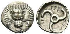 Greek Dynasts of Lycia, Trbbenimi (c. 380-370 BC). AR 1/3 Stater - Tetrobol (17mm, 3.12g). Facing lion's scalp; small triskeles below. R/ Triskeles. Müseler VII 12; SNG von Aulock 4218. Good VF