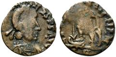 Early Medieval Vandals(?). Pseudo-Imperial coinage, c. mid 5th century. Æ (12mm, 0.82g, 12h). Pearl diademed, draped and cuirassed imperial bust r. R/ Garbled legend, Imperial figure standing l., drag