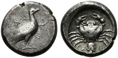 Greek Sicily, Akragas, c. 480/478-470 BC. AR Didrachm (18mm, 8.68g, 6h). Eagle standing r. R/ Crab; below, male head r. Westermark, Coinage, 259; SNG ANS 959; HGC 2, 99. Toned, Good VF