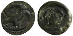 Greek Sicily, Akragas, c. 420-406 BC. Æ Hexas (18mm, 7.63g, 6h). Eagle standing r. on serpent. R/ Crab; two pellets flanking, two pellets above, two fish below. Westermark, Coinage, 966; CNS I, 66; SN
