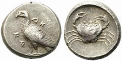 Greek Sicily, Akragas, c. 480/478-470 BC. AR Didrachm (19mm, 8.50g). Eagle standing l. R/ Crab; below, head r.; all within shallow incuse circle. Westermark, Coinage, Group IV, 245; HGC 2, 97. VF