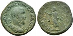 Roman Imperial Pupienus (AD 238). Æ Sestertius (31mm, 20.07g). Rome. Laureate, draped and cuirassed bust r. R/ Pupienus standing l., holding branch and parazonium. RIC IV 15. Green patina, Good Fine -