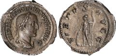 GORDIAN II, A.D. 238. AR Denarius (2.94 gms), Rome Mint. NGC Ch AU, Strike: 5/5 Surface: 3/5. RIC-3; RSC-14. Obverse: Laureate, draped, and cuirassed bust right; Reverse: Virtus standing left, holding