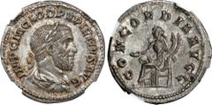 PUPIENUS, A.D. 238. AR Denarius (3.27 gms), Rome Mint. NGC AU, Strike: 5/5 Surface: 5/5. RIC-1; RSC-6. Obverse: Laureate, draped, and cuirassed bust right; Reverse: Concordia seated left, holding pate