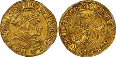 POLAND. Danzig. Ducat, 1548. Danzig Mint. Sigismund I. NGC AU-58. Fr-1; H-Cz-Unlisted; Kop-7344 (R7); Kur-546; Gum-661. Weight: 3.46 gms. Obverse: Crowned bust of Sigismund I right; Reverse: Arms of D