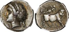 ITALY. Campania. Neapolis. AR Didrachm (Nomos) (7.22 gms), ca. 275-250 B.C. NGC Ch VF, Strike: 5/5 Surface: 4/5. Fine Style. HGC-1, 454; HN Italy-586. Obverse: Head of female left; behind neck, eagle 