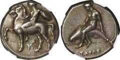 ITALY. Calabria. Tarentum. AR Didrachm (Nomos) (7.54 gms), ca. 380-340 BC. NGC Ch VF, Strike: 3/5 Surface: 3/5. Flan Flaw, Graffito. HGC-1, 767; Vlasto-378; HN Italy-869. Obverse: Nude youth, holding 