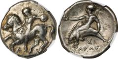 ITALY. Calabria. Tarentum. AR Didrachm (Nomos) (7.55 gms), ca. 380-340 B.C. NGC Ch VF, Strike: 5/5 Surface: 2/5. Graffito. HGC-1, 774; HN Italy-876. Obverse: Nude youth, holding shield, on horse gallo