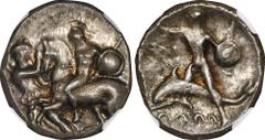ITALY. Calabria. Tarentum. AR Didrachm (Nomos) (8.00 gms), ca. 302-280 B.C. NGC AU, Strike: 3/5 Surface: 4/5. HGC-1, 814; HN Italy-963. Obverse: Nike leaning left, holding reigns and struggling to res