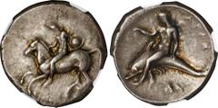 ITALY. Calabria. Tarentum. AR Didrachm (Nomos) (7.90 gms). ca. 302-280 B.C. NGC Ch EF, Strike: 3/5 Surface: 4/5. HGC-1, 815; HN Italy-965. Obverse: Nude youth, holding shield, on horse standing left; 