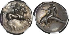 ITALY. Calabria. Tarentum. AR Didrachm (Nomos) (7.76 gms), ca. 302-280 B.C. NGC EF, Strike: 3/5 Surface: 4/5. HGC-1, 816; HN Italy-967. Obverse: Nude rider on horseback to right, holding lance in righ
