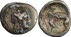 ITALY. Calabria. Tarentum. AR Diobol, ca. 380-325 B.C. NGC VF. HGC-1, 833; HN Italy-914. Obverse: Head of Athena right, wearing crested Attic helmet decorated with a hippocamp; Reverse: Herakles stand