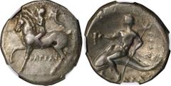 ITALY. Calabria. Tarentum. AR Didrachm (Nomos) (6.31 gms), ca. 280-272 B.C. NGC VF, Strike: 4/5 Surface: 4/5. HGC-1, 879; HN Italy-997. Reduced standard. Obverse: Youth on horseback left, crowning hor