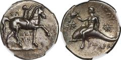 ITALY. Calabria. Tarentum. AR Didrachm (Nomos) (6.46 gms), ca. 280-272 B.C. NGC Ch EF, Strike: 5/5 Surface: 3/5. Edge Chips. HGC-1, 884; HN Italy-1006. Obverse: Nude youth on horseback right, youth pl