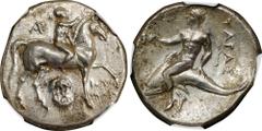 ITALY. Calabria. Tarentum. AR Didrachm (Nomos) (6.33 gms), ca. 272-240 B.C. NGC Ch AU, Strike: 5/5 Surface: 2/5. Marks. HGC-1, 889; Vlasto-859-62; HN Italy-1031. Obverse: Nude youth riding horse right
