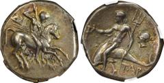 ITALY. Calabria. Tarentum. AR Didrachm (Nomos) (6.23 gms), ca. 272-240 B.C. NGC EF, Strike: 5/5 Surface: 4/5. HGC-1, 890; Vlasto-877-81; HN Italy-1033. Reduced standard. Obverse: Warrior, holding shie