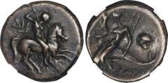 ITALY. Calabria. Tarentum. AR Didrachm (Nomos) (6.36 gms), ca. 272-240 B.C. NGC VF, Strike: 4/5 Surface: 3/5. HGC-1, 890; Vlasto-877-81; HN Italy-1033. Di- and Aristokles, magistrates. Obverse: Warrio