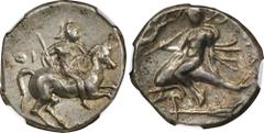 ITALY. Calabria. Tarentum. AR Didrachm (Nomos) (6.39 gms), ca. 272-240 B.C. NGC EF, Strike: 3/5 Surface: 3/5. Flan Flaw, Edge Marks. HGC-1, 893; HN Italy-1039. Reduced standard. Obverse: Helmeted warr