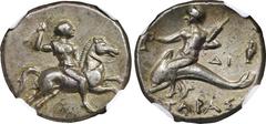 ITALY. Calabria. Tarentum. AR Didrachm (Nomos) (6.37 gms), ca. 272-240 B.C. NGC EF, Strike: 5/5 Surface: 4/5. Overstruck. HGC-1, 894; HN Italy-1040. Reduced standard. Warrior, holding javelin, on hors