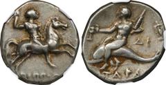 ITALY. Calabria. Tarentum. AR Didrachm (Nomos) (6.35 gms), ca. 272-240 B.C. NGC Ch VF, Strike: 4/5 Surface: 3/5. HGC-1, 894; HN Italy-1040. Reduced standard. Warrior, holding javelin, on horseback rig