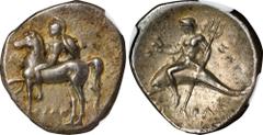 ITALY. Calabria. Tarentum. AR Didrachm (Nomos) (5.90 gms), ca. 272-240 B.C. NGC Ch VF, Strike: 4/5 Surface: 3/5. HGC-1, 897; HN Italy-1044. Reduced weight standard. Obverse: Warrior in crested helmet 
