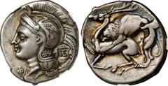 ITALY. Lucania. Velia. AR Didrachm (Nomos) (7.36 gms), ca. 280 B.C. NGC Ch VF, Strike: 4/5 Surface: 4/5. Flan Flaw. HGC-1, 1326; HN Italy-1318. Obverse: Head of Athena to left, wearing crested Attic h