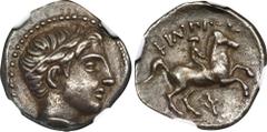 MACEDON. Kingdom of Macedon. Philip II, 359-336 B.C. AR 1/5 Tetradrachm, Amphipolis Mint, ca. 323/2-316/5 B.C. NGC EF. SNG ANS-700. Early posthumous issue. Obverse: Male head right, wearing tainia; Re