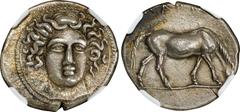 THESSALY. Larissa. AR Drachm (6.00 gms), ca. 400-365 B.C. NGC AU, Strike: 4/5 Surface: 3/5. HGC-4, 430; BCD Thessaly-II, 281-2. Obverse: Head of the nymph Larissa facing slightly left, with hair in am