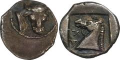 THESSALY. Larissa. AR Obol, ca. 462-460 B.C. NGC Ch VF. HGC-4, 478; SNG Lockett-1555 (this coin illustrated). Obverse: Head and neck of bull right; Reverse: Head of bridled horse to left; ΛA before; a