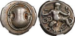 BOEOTIA. Thebes. AR Stater (11.87 gms), ca. 405-395 B.C. NGC VF, Strike: 5/5 Surface: 2/5. Fine Style, Punch Marks. HGC-4, 1329; SNG Cop-303; Weber-1568 (this coin). Obverse: Boeotian shield; Reverse: