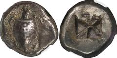 AEGINA. AR Stater (12.35 gms), ca. 525-475 B.C. NGC Ch VF, Strike: 4/5 Surface: 4/5. HGC-6, 428; SNG Cop-502. Obverse: Sea turtle with thin collar, row of pellets down its back; Reverse: Incuse square