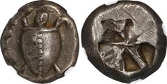 AEGINA. AR Stater (12.08 gms), ca. 525-475 B.C. NGC AU, Strike: 4/5 Surface: 5/5. Marks. HGC-6, 429; SNG Cop-502. Obverse: Sea turtle, head in profile, with thin collar and row of dots down its back; 