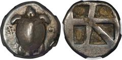 AEGINA. AR Stater (11.70 gms), ca. 470/65-445/40 B.C. NGC Ch F, Strike: 5/5 Surface: 2/5. Graffito, Countermark. HGC-6, 435. Obverse: Sea turtle, with head in profile, "trefoil" collar, and "T-back" p