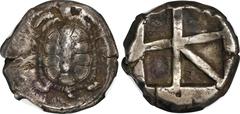 AEGINA. AR Stater (12.30 gms), ca. 445/4-430 B.C. NGC Ch VF, Strike: 4/5 Surface: 4/5. HGC-6, 437; SNG Cop-517. Obverse: Land tortoise with segmented shell; Reverse: Large square incuse with heavy ske