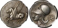 CORINTHIA. Corinth. AR Stater (8.55 gms), ca. 345-307 B.C. NGC EF, Strike: 5/5 Surface: 3/5. Light Marks. HGC-4, 1848; Pegasi-419; BCD Corinth-110. Obverse: Pegasos flying left; Reverse: Helmeted head