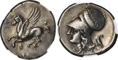 CORINTHIA. Corinth. AR Stater (8.54 gms), ca. 345-307 B.C. NGC Ch VF, Strike: 4/5 Surface: 3/5. Light Marks. HGC-4, 1848; Pegasi-426; BCD Corinth-101. Obverse: Pegasos flying left; Reverse: Helmeted h