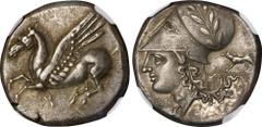 CORINTHIA. Corinth. AR Stater (8.52 gms), ca. 345-307 B.C. NGC EF, Strike: 5/5 Surface: 3/5. HGC-4, 1848; Pegasi-435; BCD Corinth-Unlisted. Obverse: Pegasos flying left; Reverse: Helmeted head of Athe