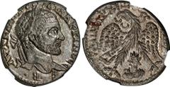 MACRINUS, A.D. 217-218. Syria, Seleucis and Pieria. Emesa. BI Tetradrachm. NGC Ch AU. Prieur-1015. Obverse: Laureate head right; Reverse: Eagle standing facing, head and tail left, with wings spread, 