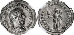PUPIENUS, A.D. 238. AR Denarius (3.49 gms), Rome Mint. NGC Ch VF, Strike: 4/5 Surface: 4/5. RIC-3; RSC-14. Obverse: Laureate, draped, and cuirassed bust of Pupienus right; Reverse: Liberalitas standin