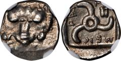 LYCIA. Dynasts of Lycia. Mithrapata, ca. 390-370 B.C. AR 1/6 Stater (1.32 gms). NGC Ch AU, Strike: 4/5 Surface: 5/5. SNG von Aulock Suppl-476; Museler-83. Obverse: Lion scalp facing; Reverse: Triskele