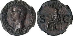 CALIGULA, A.D. 37-41. AE As (10.69 gms), Rome Mint, ca. A.D. 37-38. NGC VF, Strike: 5/5 Surface: 2/5. Smoothing. RIC-38. Obverse: Bare head left; Reverse: Vesta seated left on ornamental throne, holdi
