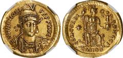 HONORIUS, A.D. 393-423. AV Solidus (4.33 gms), Constantinople Mint, 10th Officina, ca. A.D. 408-420. NGC EF, Strike: 5/5 Surface: 3/5. Clipped, Scratch, Edge Marks. RIC-201. Obverse: Pearl-diademed, h