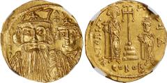 CONSTANS II with CONSTANTINE IV, HERACLIUS & TIBERIUS, 641-668. AV Solidus (4.42 gms), Constantinople Mint, 4th Officina, 662-667. NGC Ch AU, Strike: 4/5 Surface: 4/5. S-964. Obverse: Crowned and drap