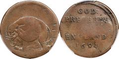 New England Elephant Token 1694 New England Elephant Token. Hodder 2-G, W-12140, Breen-197, Betts-80. Rarity-8-. VG-8 (PCGS). Extremely Rare 1694 New England Elephant Token GOD PRESERVE NEW ENGLAND A 