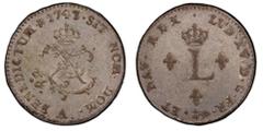 Sou Marque 1747/3-A Sou Marque. Paris Mint. Vlack-26b. Unique. First Semester. AU-58+ (PCGS). 33.3 grains. The discovery coin for this overdate variety, and still unique, this is also a beautiful sou 