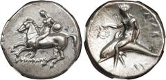 ITALY. Calabria. Tarentum. AR Didrachm (Nomos) (7.84 gms), ca. 302-280 B.C. NGC AU, Strike: 5/5 Surface: 4/5. HGC-1, 815; HN Italy-965. Obverse: Nude youth, holding shield, on horse standing left; ΣI 