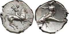 ITALY. Calabria. Tarentum. AR Didrachm (Nomos) (7.69 gms), ca. 302-280 B.C. NGC Ch AU, Strike: 4/5 Surface: 4/5. HGC-1, 816; HN Italy-967. Obverse: Nude rider on horseback to right, holding lance in r