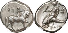 ITALY. Calabria. Tarentum. AR Didrachm (Nomos) (6.43 gms), ca. 272-240 B.C. NGC Ch VF, Strike: 4/5 Surface: 4/5. HGC-1, 889; Vlasto-855-6; HN Italy-1029. Reduced standard. Obverse: Nude youth riding h