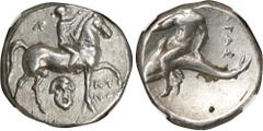 ITALY. Calabria. Tarentum. AR Didrachm (Nomos) (6.42 gms), ca. 272-240 B.C. NGC Ch EF, Strike: 3/5 Surface: 4/5. HGC-1, 889; Vlasto-859-62; HN Italy-1031. Reduced standard. Obverse: Nude youth riding 