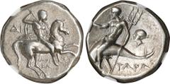 ITALY. Calabria. Tarentum. AR Didrachm (Nomos) (6.46 gms), ca. 272-240 B.C. NGC Ch VF, Strike: 4/5 Surface: 5/5. HGC-1, 890; Vlasto-877-81; HN Italy-1033. Reduced standard. Obverse: Warrior, holding s